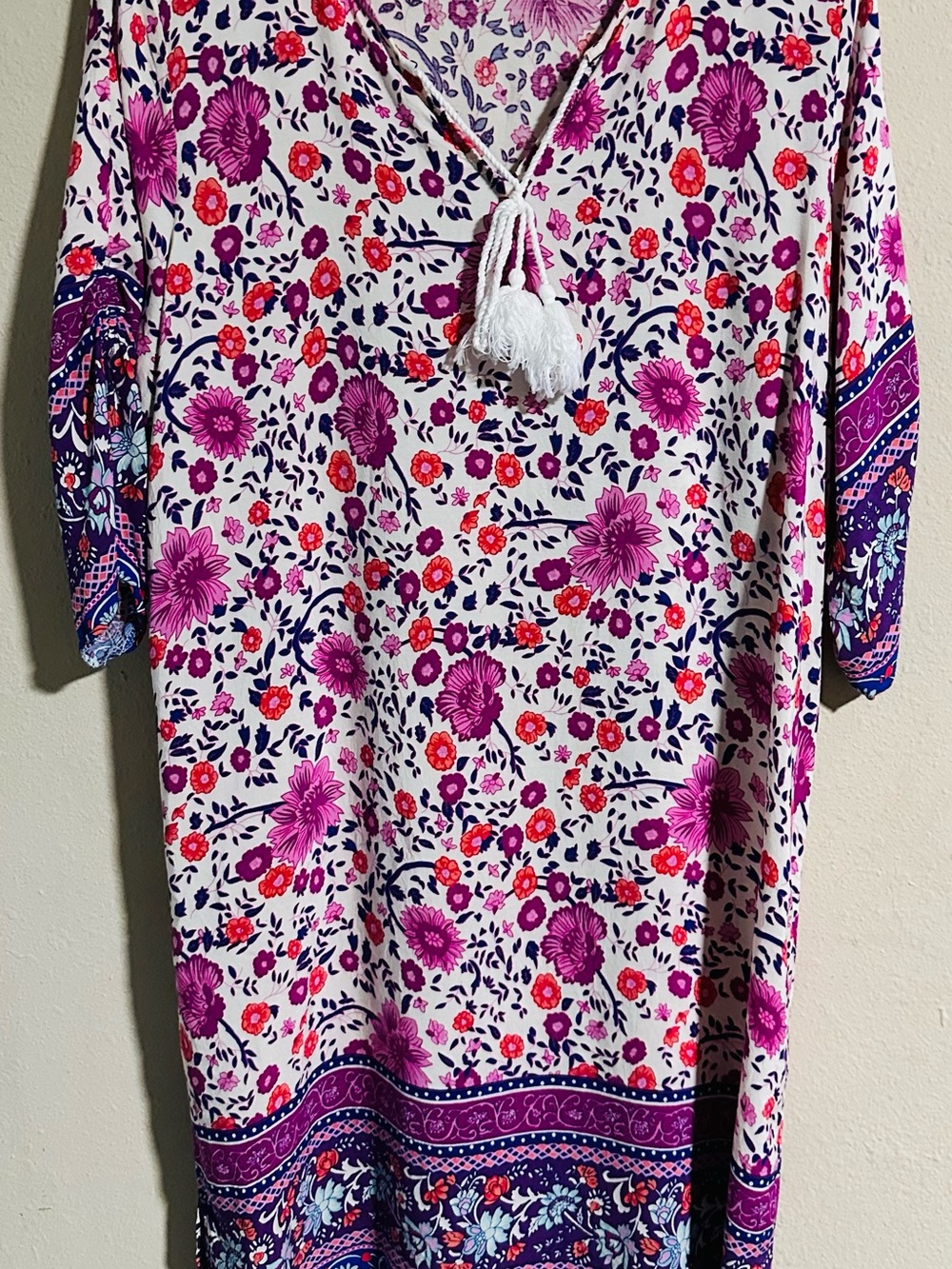 Floral V-Neck Tunic Dress in White with Pink & Purple Accents